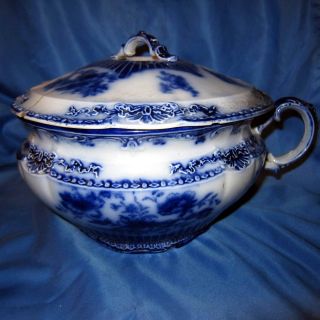   Flow Blue Embossed Chamber Pot with Lid Grindley England Albany