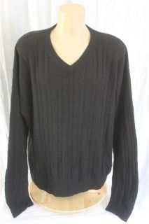 Alan Flusser Size XL Black Cable Knit 100 Cashmere V Neck Sweater 