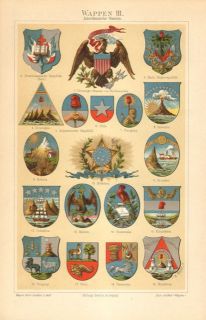 1897 Coat of Arms of American States Original Antique Chromolithograph 