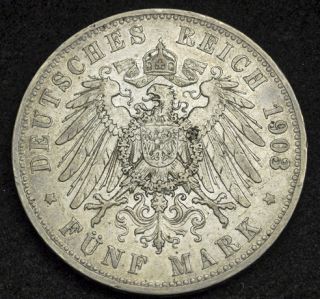 1903, Prussia, Wilhelm II. Large Silver 5 Mark Crown. VF XF