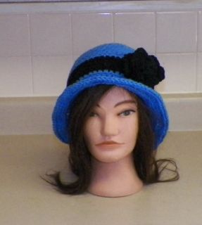 New Crochet Cloche Flapper Chemo Beanie 1920s Hat With Flower Black 