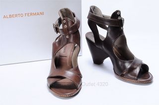Alberto FERMANI 36 5 6 5 Open Toe Sandal Heel Cutout Brown Leather 