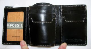 Fossil Alex Black Leather Tri Fold ID Window Bill Fold Mens Wallet New 