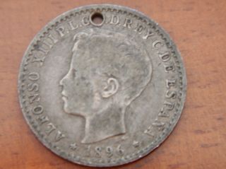 Puerto Rico 10 Centavos 1896 Silver Coin Alfonso XIII Holed