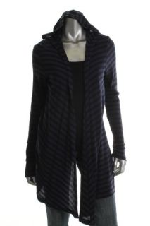 Allen New Blue Striped Thermal Hooded Open Front Cardigan Shirt Top M 