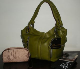 NWT B MAKOWSKY ALICE MOSS LEATHER SHOPPER TOTE WITH COSMETIC BAG