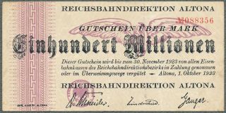 Germany   Railway Altona /Hamburg   100 Millionen Mark 1923 PS1115