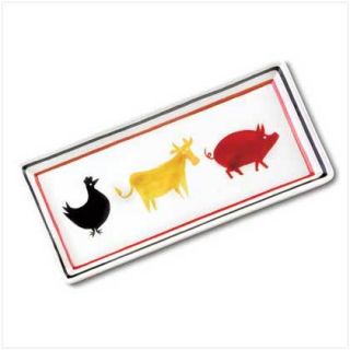 Rooster Pig BBQ Grill Handpainted Serving Platter Tray