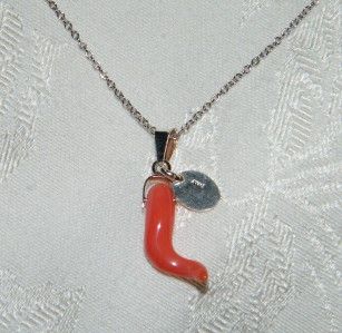 AMEDEO STERLING SILVER CORAL ITALIAN HORN PENDANT WITH CHAIN