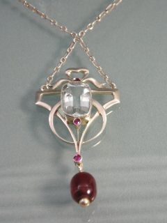   Nouveau Sterling Silver Aquamarine Ruby Amber Pendant Necklace