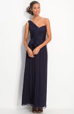 New Amsale One Shoulder Crinkle Silk Chiffon Gown Dress 18 Navy Blue 