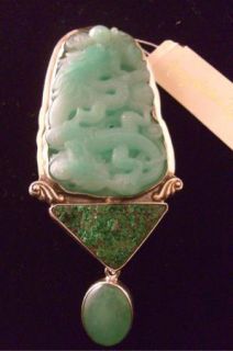 Amy Kahn Russell Hand Carved Chrysoprase Carved Jade and Sterling Pin 