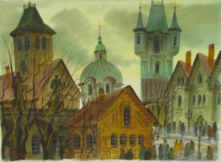 Anatole Krasnyansky Original Prague Fall Watercolor Painting Signed 