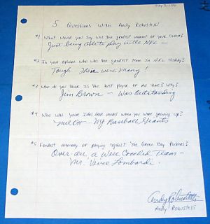 Andy Robustelli Hand Signed 5 Question Sheet HOF Giants Vince Lombardi 