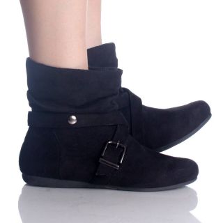 Flat Ankle Boots Black Slouch Buckle Comfort Faux Suede Womens Booties 