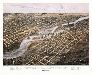 Minneapolis Birds Eye View Map 1867 Minnesota Anoka County 