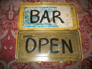 Vintage Antique Farm Metal Tool Box Upcycled into Bar Open sign Man 
