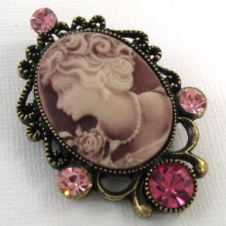 Antique Style Fuchsia Pink Cameo Pendant Pin Brooch PC2