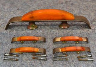 Antique Bakelite Drawer Pulls Deco Cabinet Dresser Caramel Brass 4 