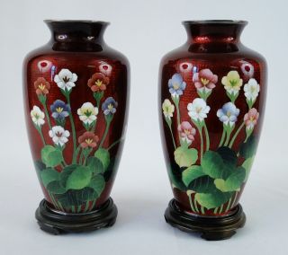 Antique Pair 20c Japanese Ginbari Foil Silver Cloisonne Floral Vases 