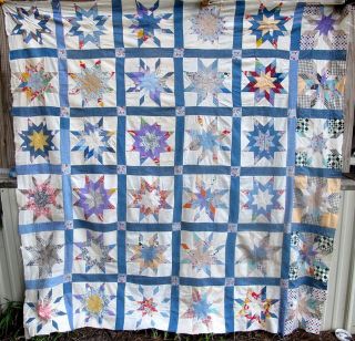 ANTIQUE QUILT TOP STAR BLUE FEED SACK PATCHWORK VINTAGE QUILTS TOP 
