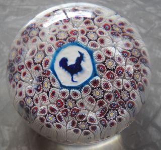 ANTIQUE MILLEFIORI PAPERWEIGHT BLUE AND WHITE ROOSTER CHICKEN SULPHIDE 