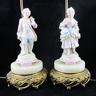 Antique Vintage Matched Table Lamps 18 Century Porcelain Figurines 
