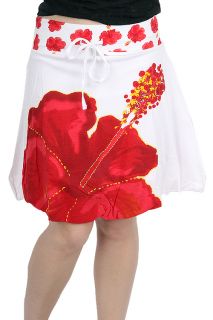 Desigual XL Anka White Skirt Red Hibiscus Flower Bubble A Line 12F2714 