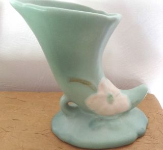 Vintage Weller Pottery Cornucopia Horn Vase Wild Rose Matte Green 