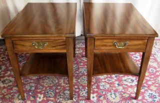 Antique Henkel Harris Mahogany Two Tier End Tables with Drawer Pair 