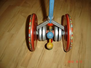 Vintage GONG BELL MFG Push Toy Tin and Wood Musical Western Teddy 