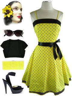 50s Style Yellow Polka Dot Pinup Full Skirt Sun Dress