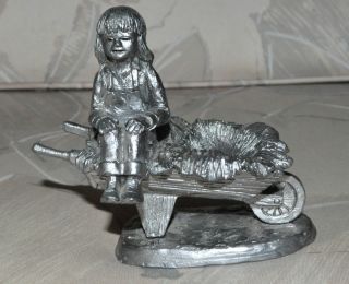 Michael Anthony M A Ricker Pewter Figurine Girl Pat Hay Wheelbarrow 