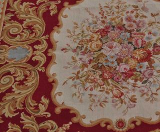   Aubusson Design Roses Wool Needlepoint Red Emerald Green Area Rug