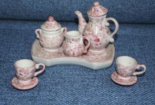Vintage Childrens Red Porcelain Tea Set