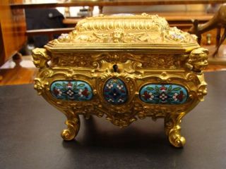 Antique Brass Ornate Jewelry Box Enamel Gold Pre 1900