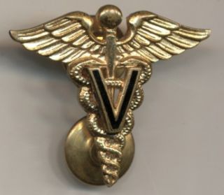WWII US Army Veterinary Corps Collar Insignia Pin Badge V VC Gold 