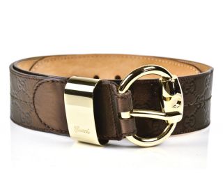 Authentic Gucci Womens Brown Leather Monogram Logo Belt Gold Hardware 