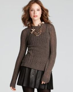 Aqua New Brown Cashmere Cable Knit Crew Neck Long Sleeve Pullover 