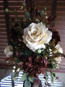 Silk Floral Flower Arrangement Centerpiece Brown Dahlias Cream Roses 