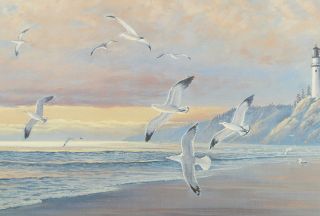 August Holland ASMA Print   Lighthouse Ocean Seagulls Beach Landscape 