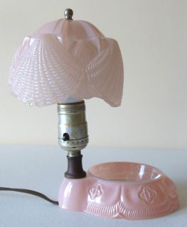 Art Deco Table Lamp w/ Glass Shade Embossed w/ Sea Shells Glass Pink 
