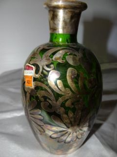 Vintage Antique Green Emerald Glass Silver Overlay Bottle