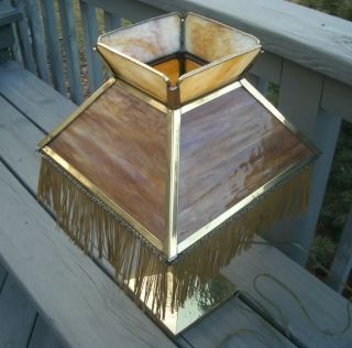 OLD MISSIONS ARTS & CRAFTS SLAG GLASS BRASS TABLE LAMP
