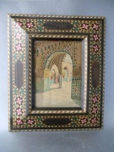   Inlay Middle Eastern Picture Frame w ORG Signed Temple Painting