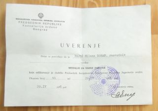 SFRJ YUGOSLAVIA AN AWARD CERTIFICATE FOR THE MEDAL FOR MILITARY MERIT 
