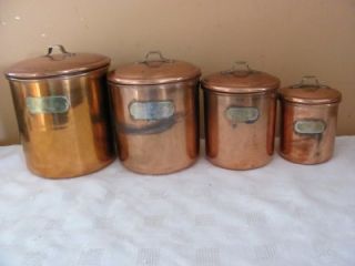 Collectible Vintage 4 Copper Canister Set w Brass Handles Name Plates 