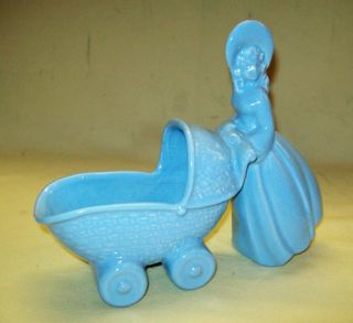 Ceramic Baby Carriage Pram Figurine Cat Basket Planter
