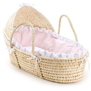 Hooded Moses Basket Baby Bassinet ~NATURAL & PINK Bedding ~ BRAND NEW