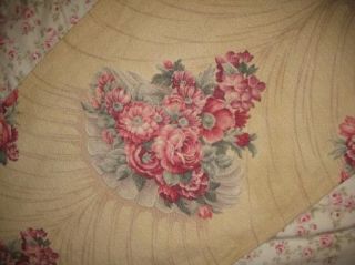 Vtg LG Heirloom Rose Floral Bouquets on Tea Stain Barkcloth Drape 